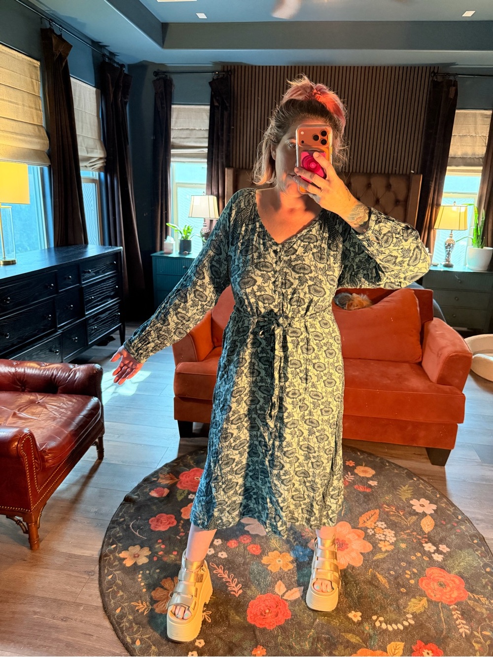 Knox Rose Teal Printed Long Sleeve Midi Dress with Self-Tie Waist